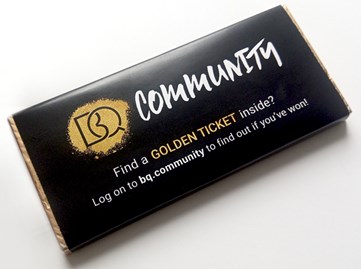 B Q Community 40g branded chocolate bar with golden ticket