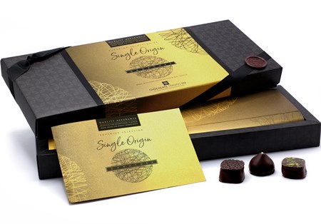 Superior Selection Single Origin Dark Chocolate Ganaches Gift Box with lid open (shows 24 box)