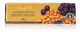 Lindt, milk chocolate bar with hazelnuts and raisins