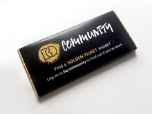 B Q Community 40g branded chocolate bar with golden ticket