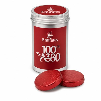 Branded tin of chocolate discs