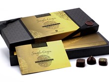 Superior Selection Single Origin Dark Chocolate Ganaches Gift Box with lid open (shows 24 box)