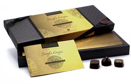 Superior Selection Single Origin Dark Chocolate Ganaches Gift Box with lid open (shows 24 box)