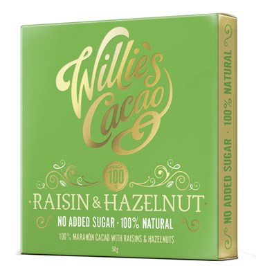Willie's, Raisin & Hazelnut, 100% dark chocolate bar