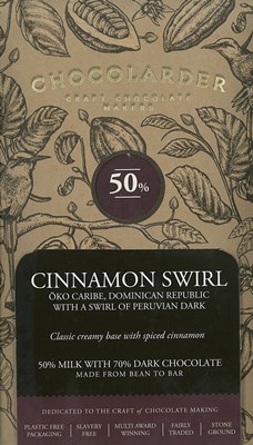 Chocolarder, Cinnamon Swirl, 50% Milk, 70% Dark Chocolate Bar