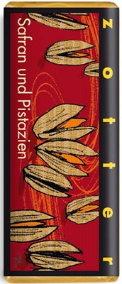 Zotter, Hand Scooped, Saffron & Pistachio, 40% Milk Chocolate Bar