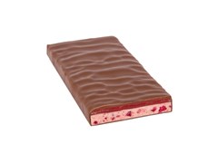 Zotter, Hand Scooped, Raspberry, Caramel, Fruit Praline, 50% Milk Chocolate Bar open