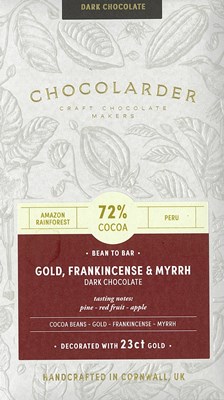 Chocolarder, Gold, Frankincense & Myrrh, 72% Dark Chocolate Bar