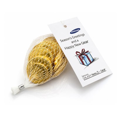 branded 25g net of chocolate coins for corporate use.